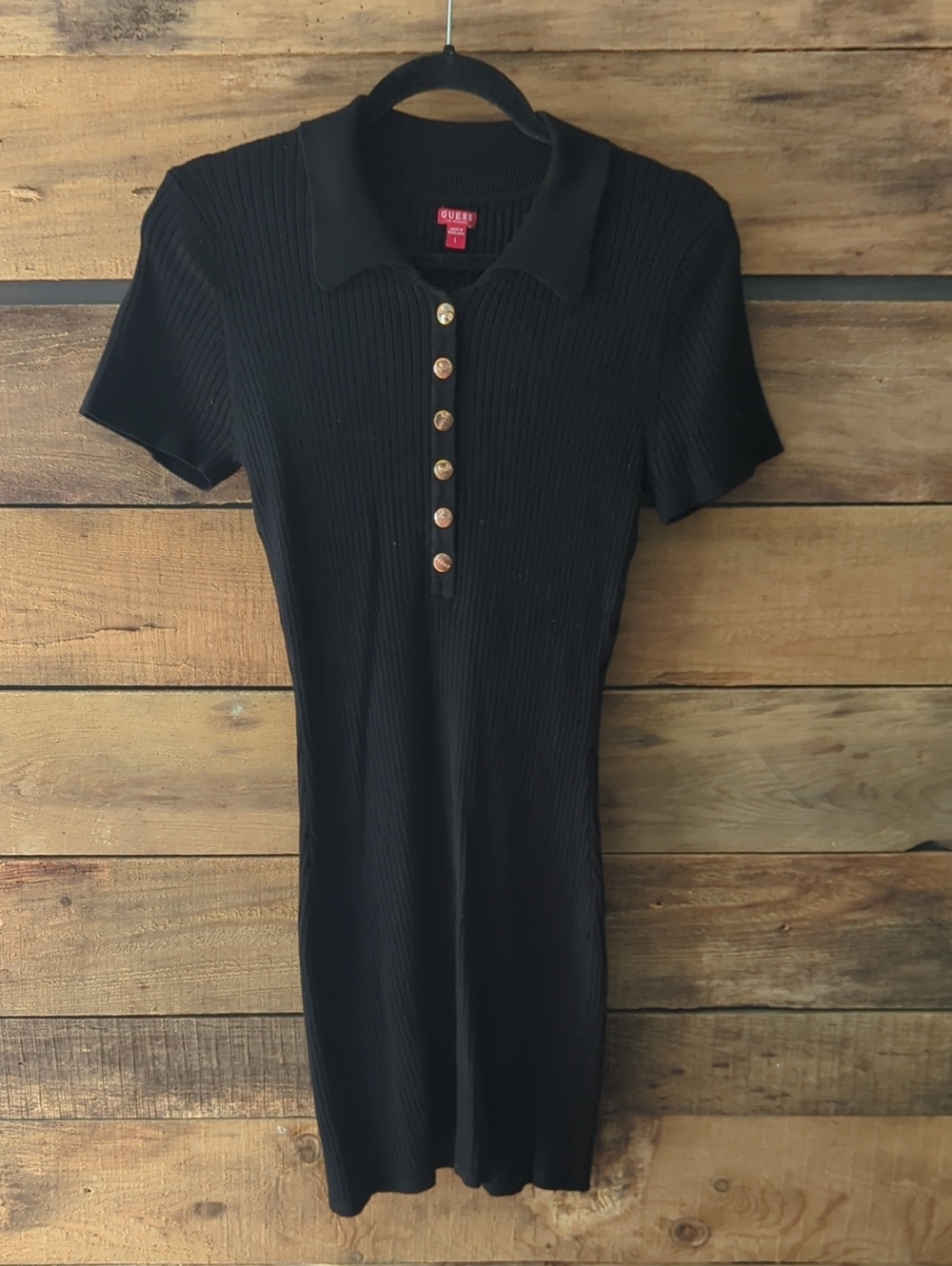Guess Black Ribbed Polo Mini Dress with Gold Buttons